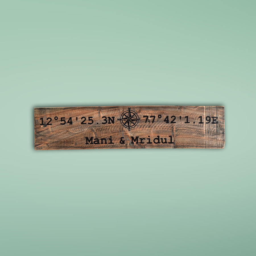 Rustic Wood Hand Painted Couple Name Plate With Co Ordinates - Front View with Name Personalization