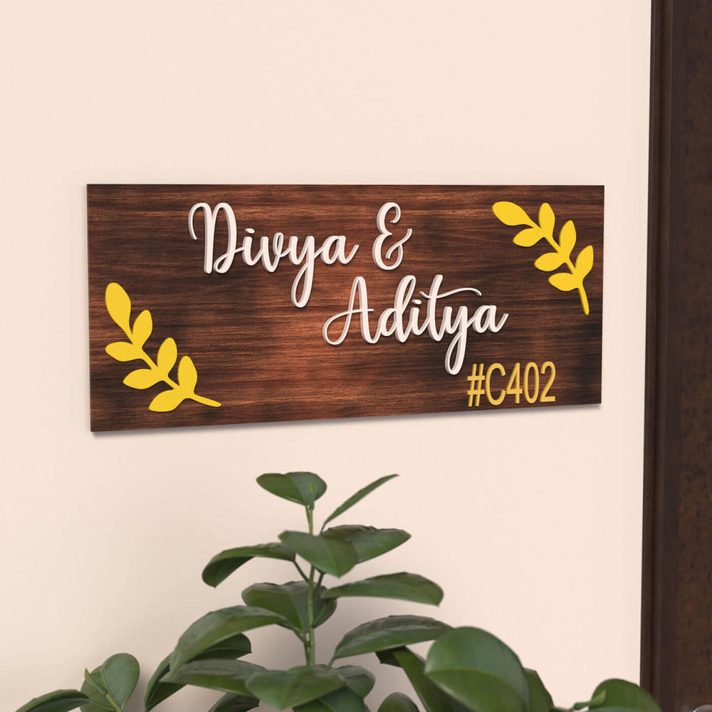 Rectangular Name Plate For Couples Brown - Mounted on Wall View