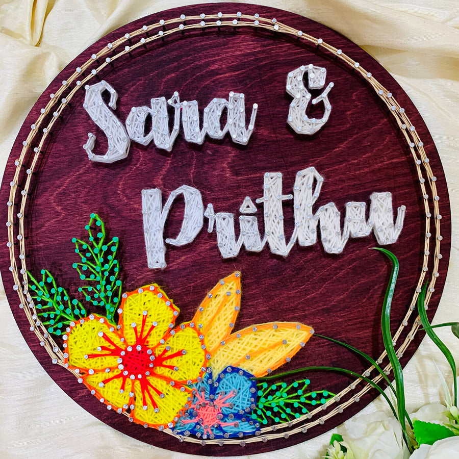Floral String Art Name Plate Couple Names 1 - Top-down View of Personalized Sign