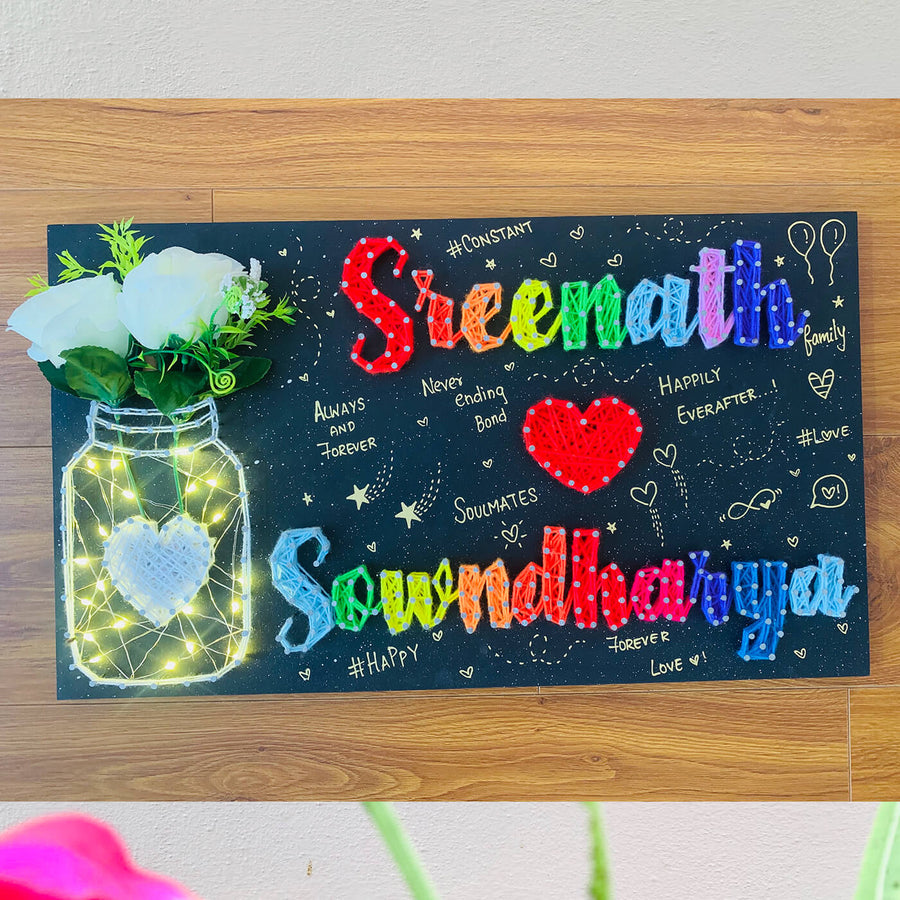 String Art Mason Jar Name Plate For Couples Rainbow - Name Personalization Example with Decoration