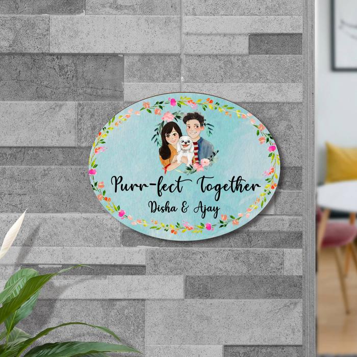 Oval Hand Painted Character Name Plate Couple With Pet - Mounted on Wall with Personalization