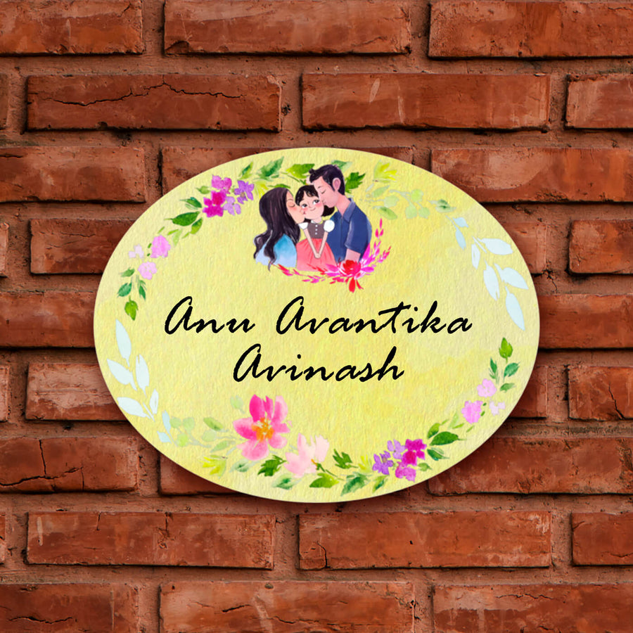 Oval Hand Painted Character Name Plate Family - Mounted on Brick Wall Front View