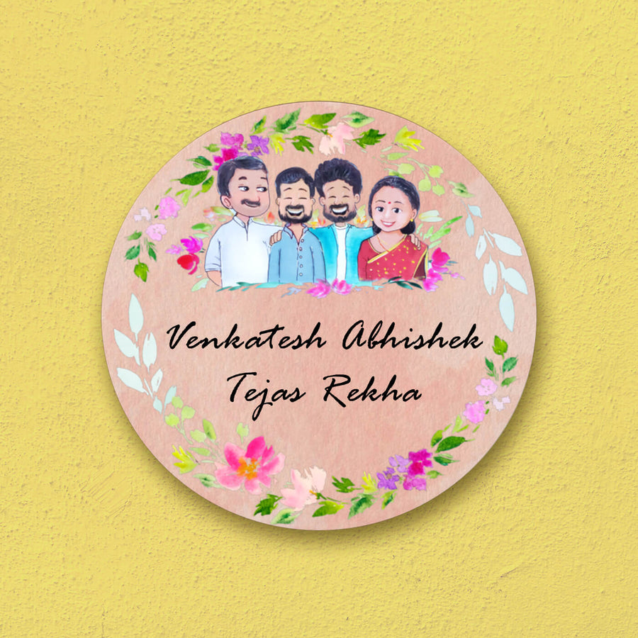 Round Hand Painted Character Name Plate For Family - Front View with Name Personalization