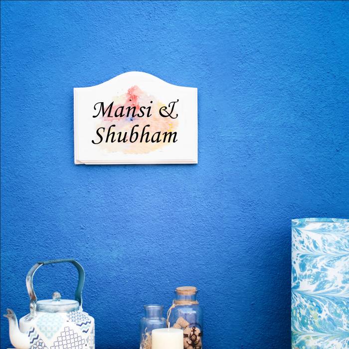 Half Curved Square Name Plate Couple Name - Mounted on Blue Wall with Decor
