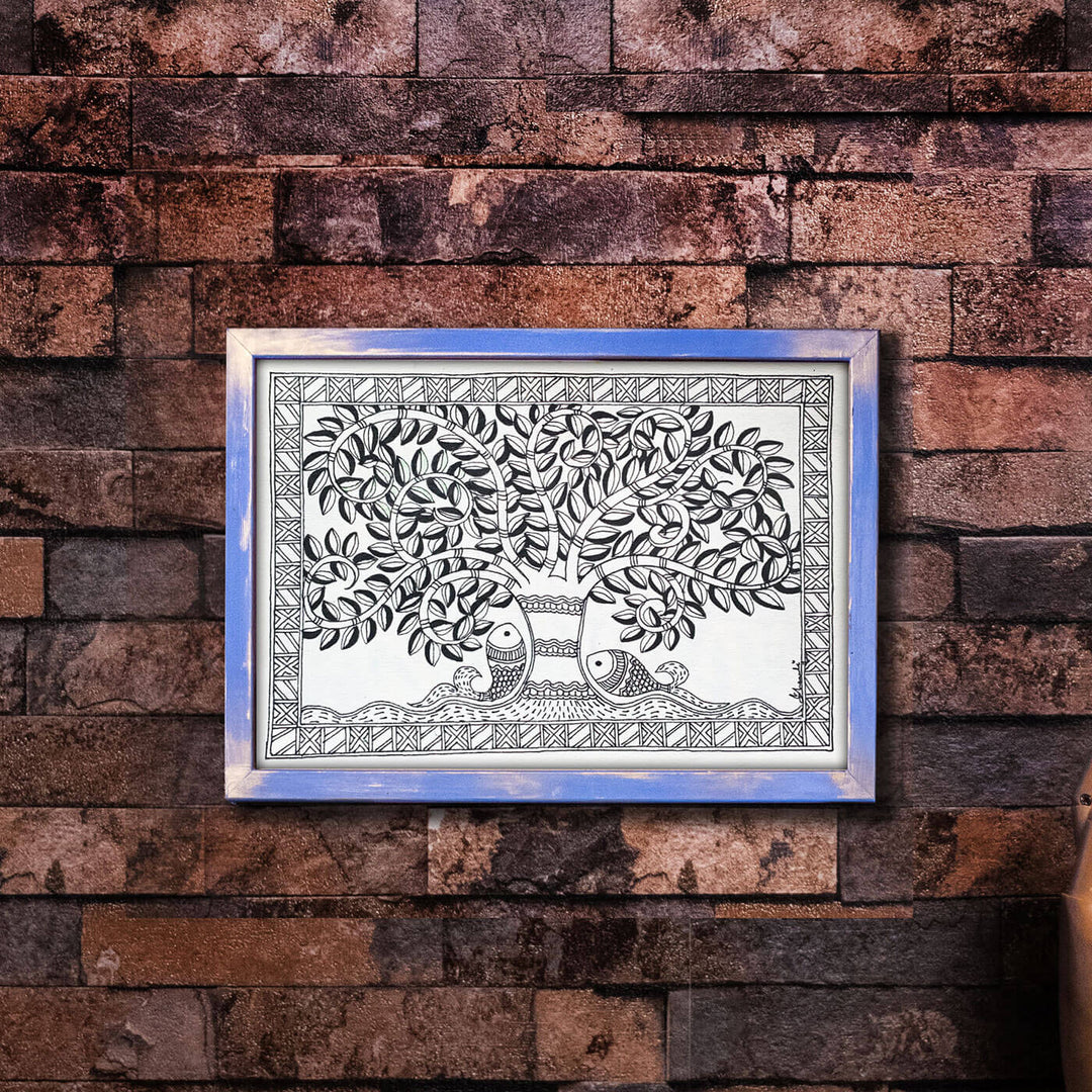 A5 Madhubani Wall Painting - Twin Fish and Tree