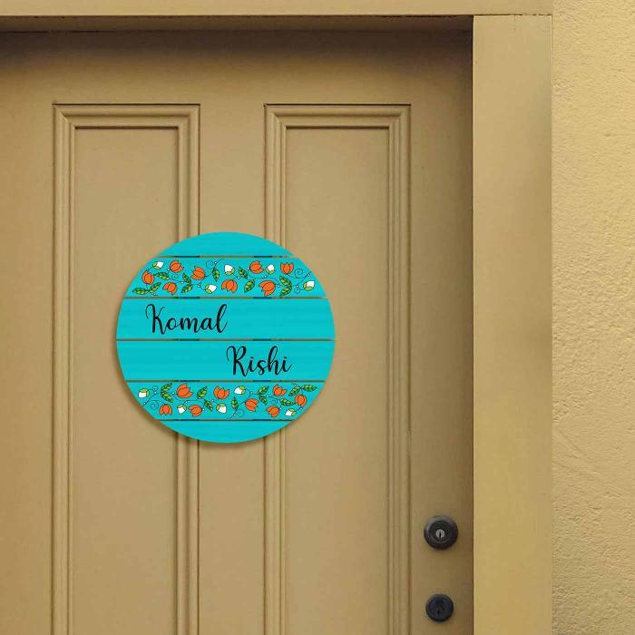 Teal Circle Name Plate With Orange Lotus Design - Mounted on Door Center
