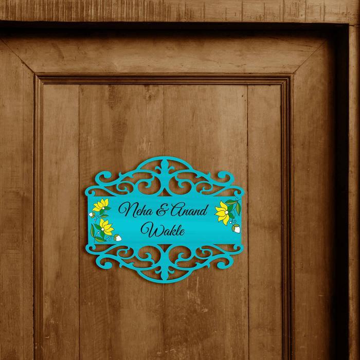 Teal Couple Name Plate With Yellow Lotus - Mounted on Door Center