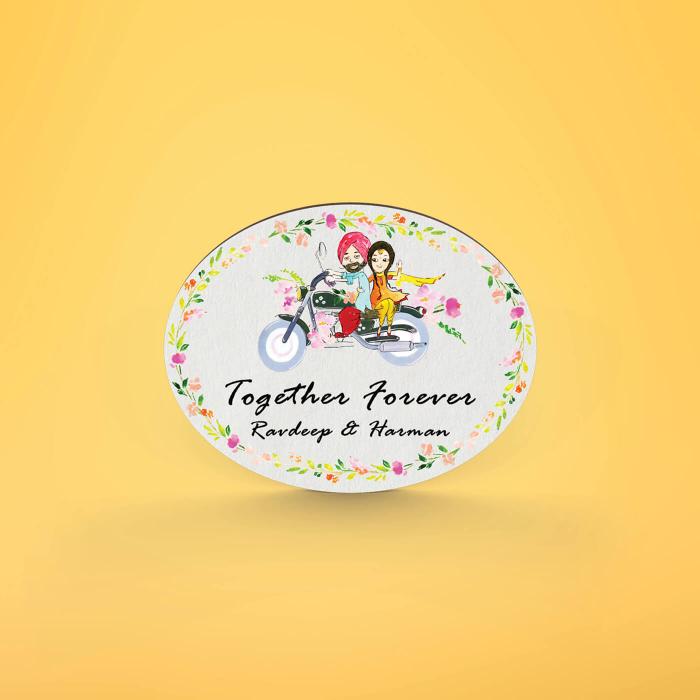Oval Hand Painted Character Name Plate Punjabi Couple - Front View with Name Personalization