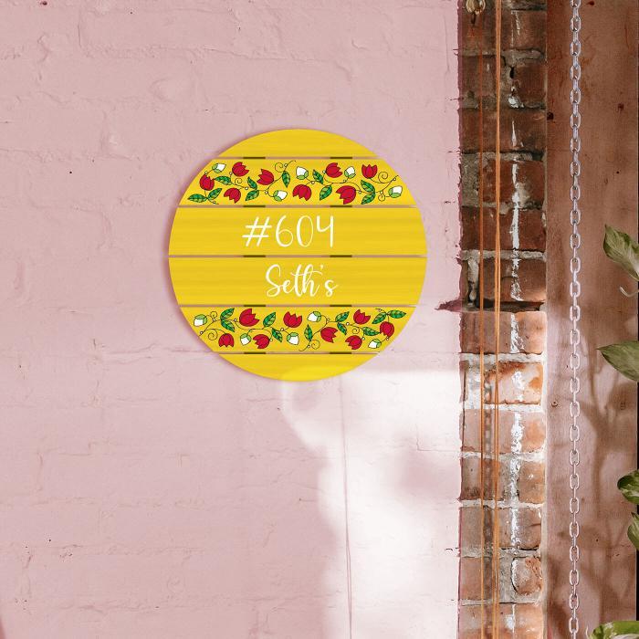 Yellow Circle Family Name Plate With Red Lotus Art - Mounted on Entryway Wall
