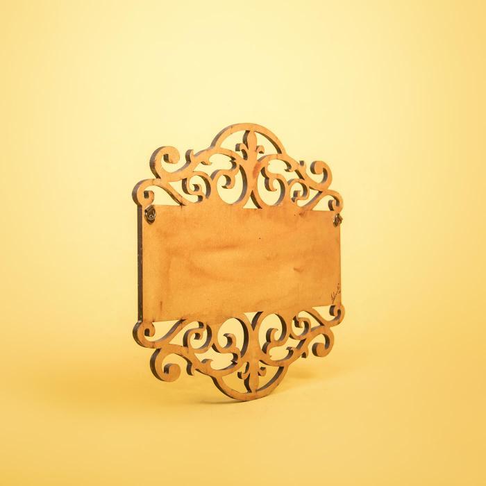 Yellow Name Plate With Goddess Durga Artwork - Angled View Showing Hanging Hardware
