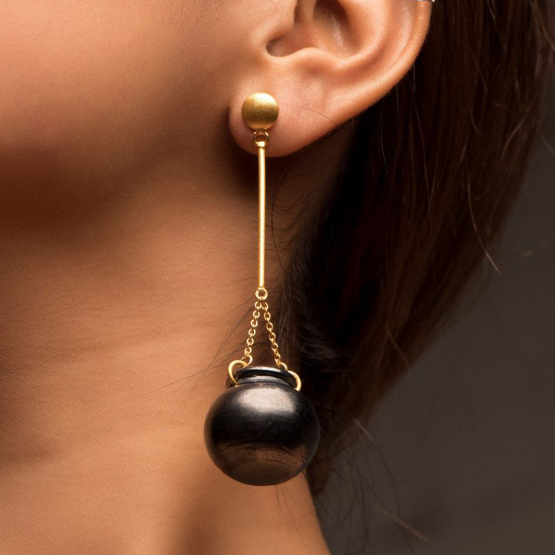 Minimal Handmade Long Pot Hanging Gold Plated Earrings | 22K Gold Plated