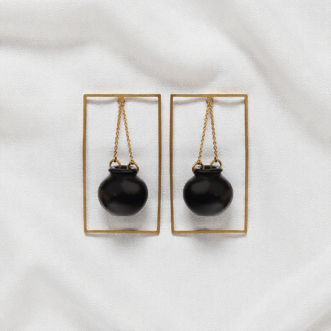 Statement Handmade Handi In Square Design Brass Earrings | 22K Gold Plated