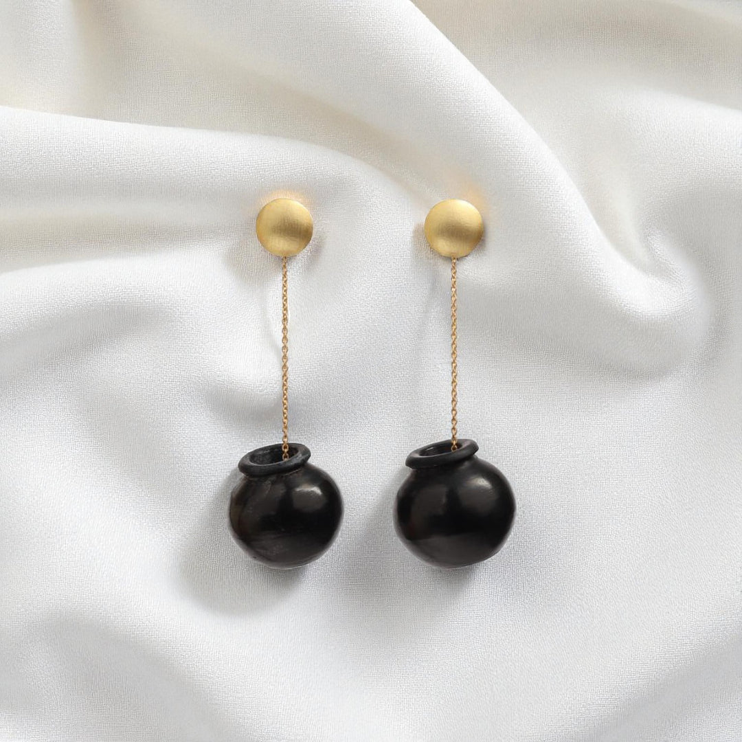 Minimal Handmade Sikahar Hanging Pot Design Brass Earrings | 22K Gold Plated