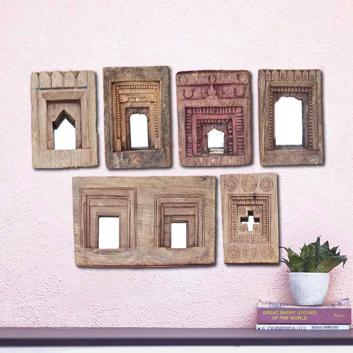 Buy Handcrafted Wooden Temple Mirror Frames | Set of 6 Online On Zwende