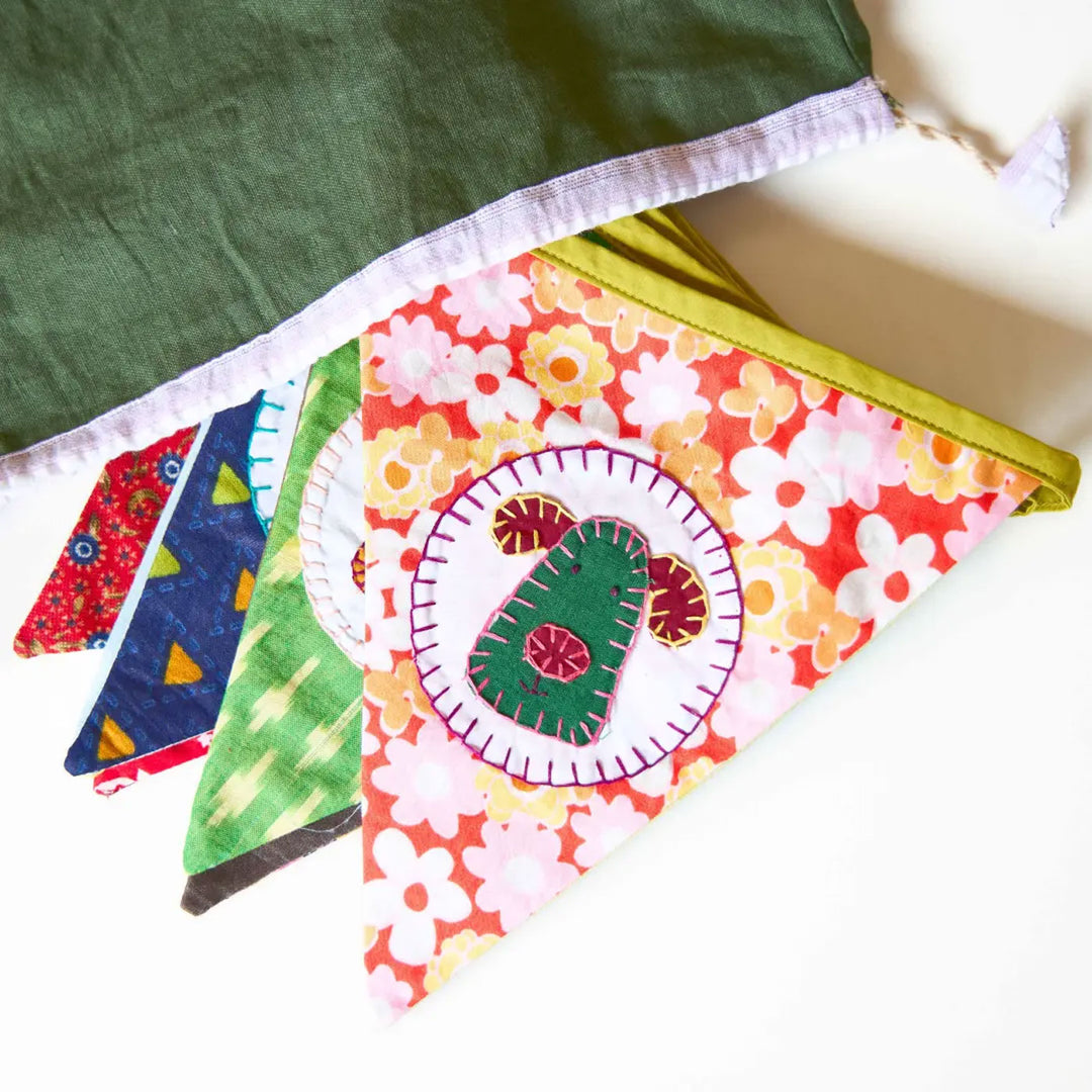 Upcycled Personalized Kids Theme Name Bunting - Drawstring Bag with Fabric Pennants