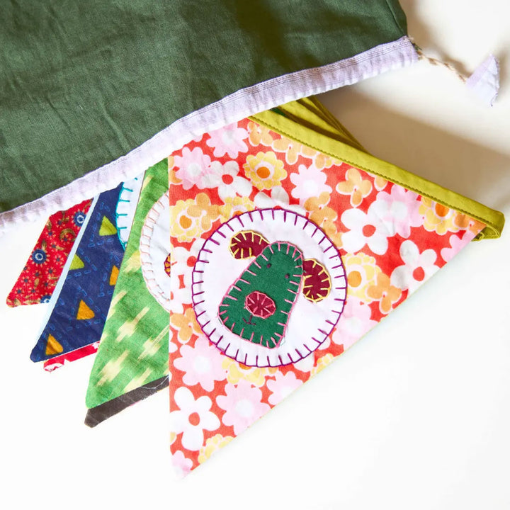 Upcycled Personalized Kids Theme Name Bunting - Drawstring Bag with Fabric Pennants