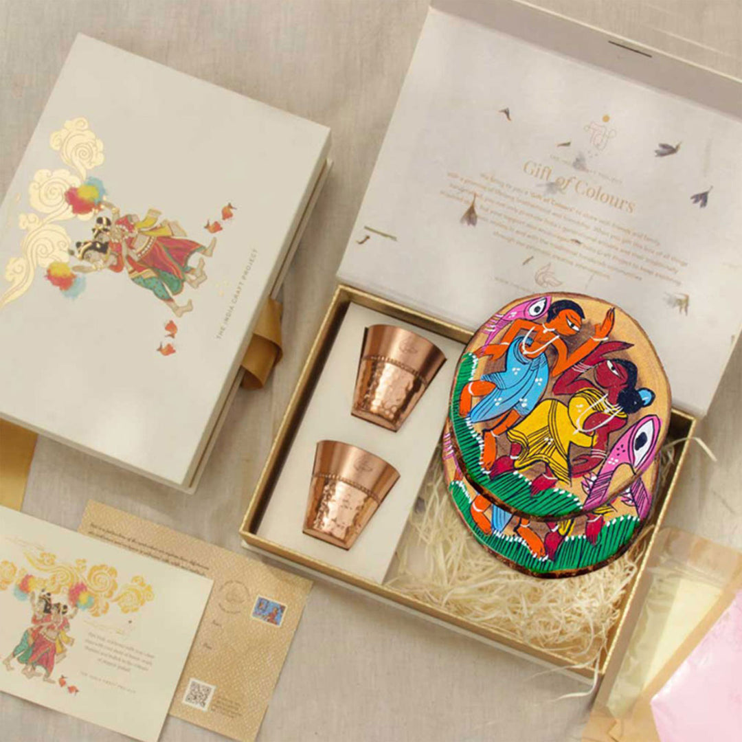 Utsav Festive Gift Box with Copper Shot Glasses & Wooden Coasters