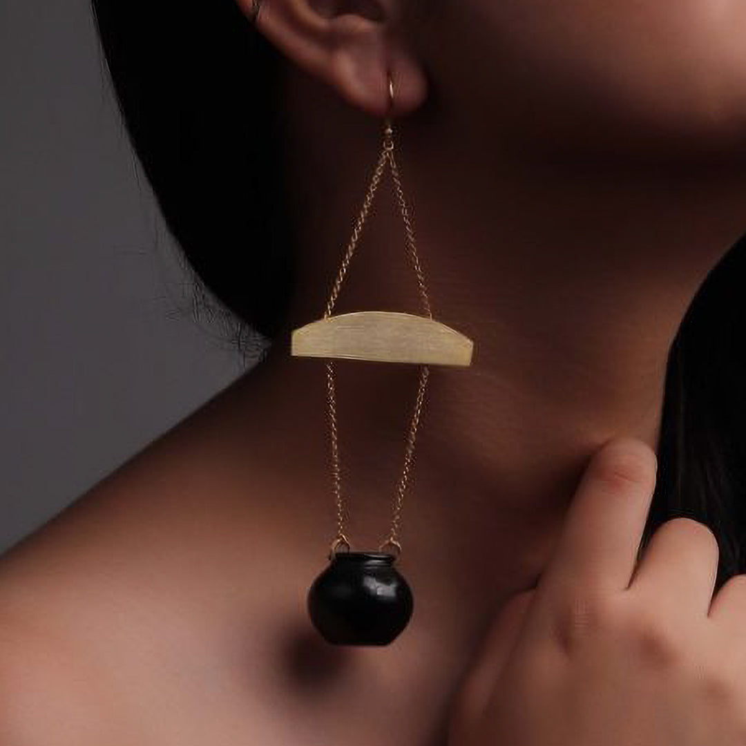 Statement Handmade Handi Long Hanging Brass Earrings | 22K Gold Plated