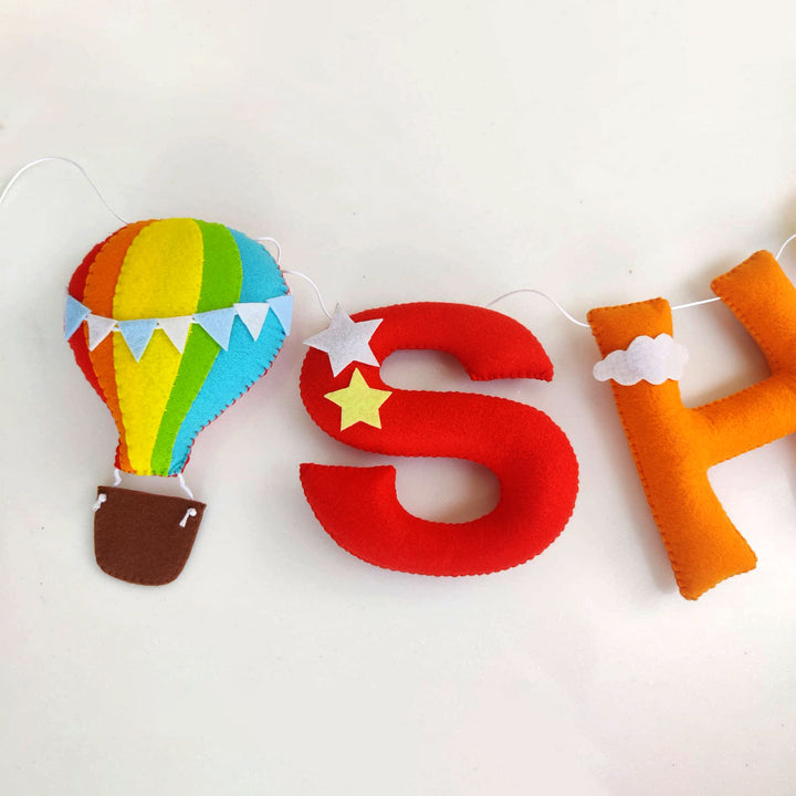 Handcrafted Personalized Rainbow Balloon Theme Felt Bunting - Front View of Hanging Letter Garland