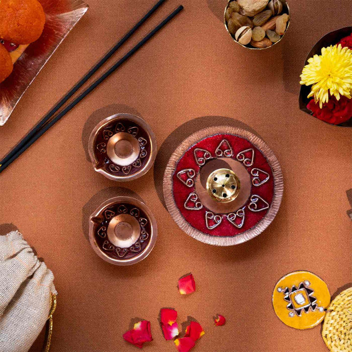 Red Copper Enamel Diwali Pooja Decor Combo