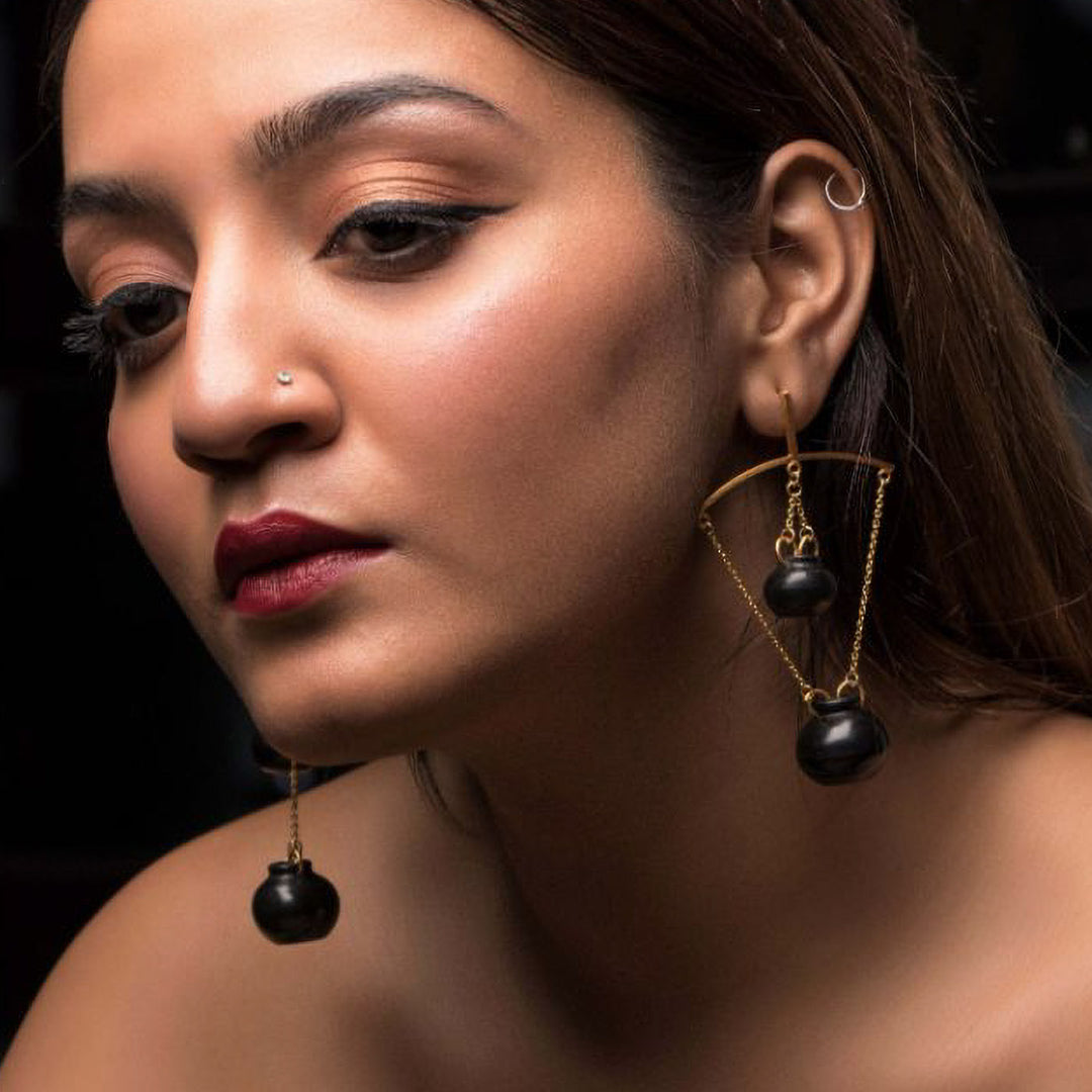Statement Handmade Handi Two Pots Hanging Design Brass Earrings | 22K Gold Plated