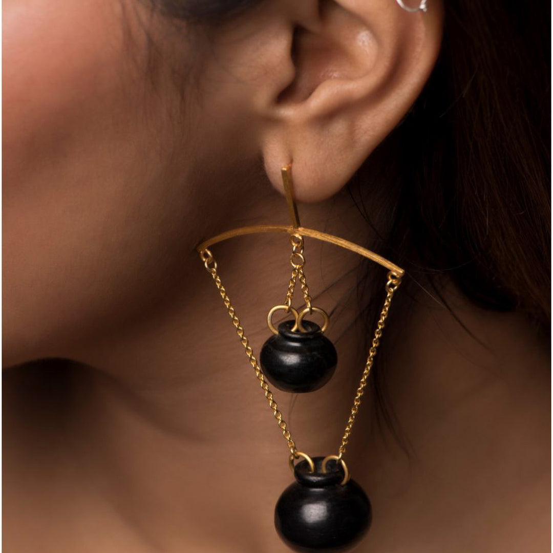 Statement Handmade Handi Two Pots Hanging Design Brass Earrings | 22K Gold Plated