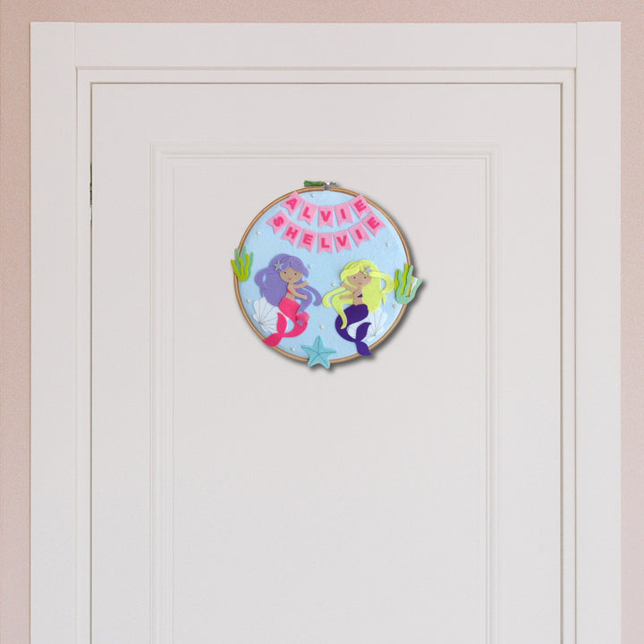 Handcrafted Personalized Mermaid Sisters Hoop Nameplate - Hanging on Door Front View