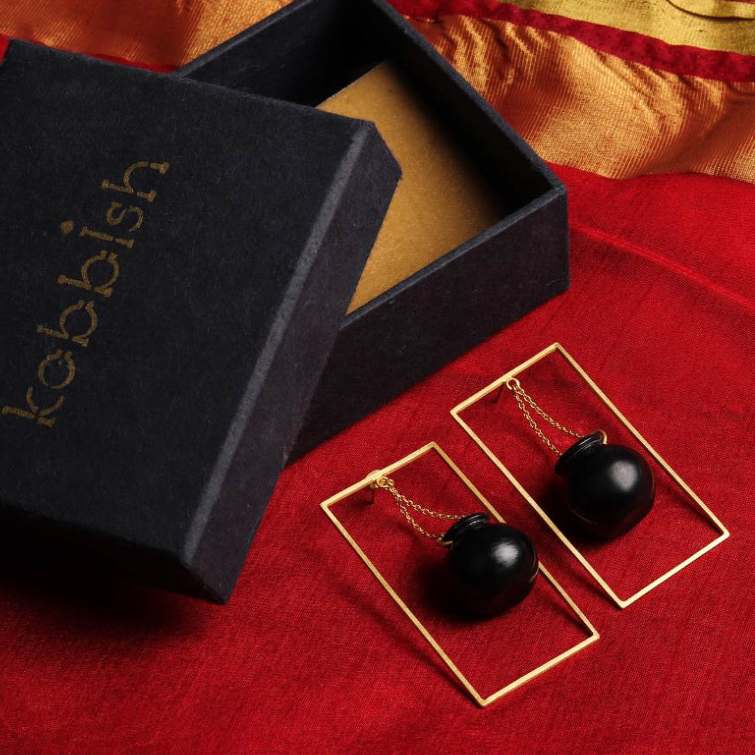 Statement Handmade Handi In Square Design Brass Earrings | 22K Gold Plated