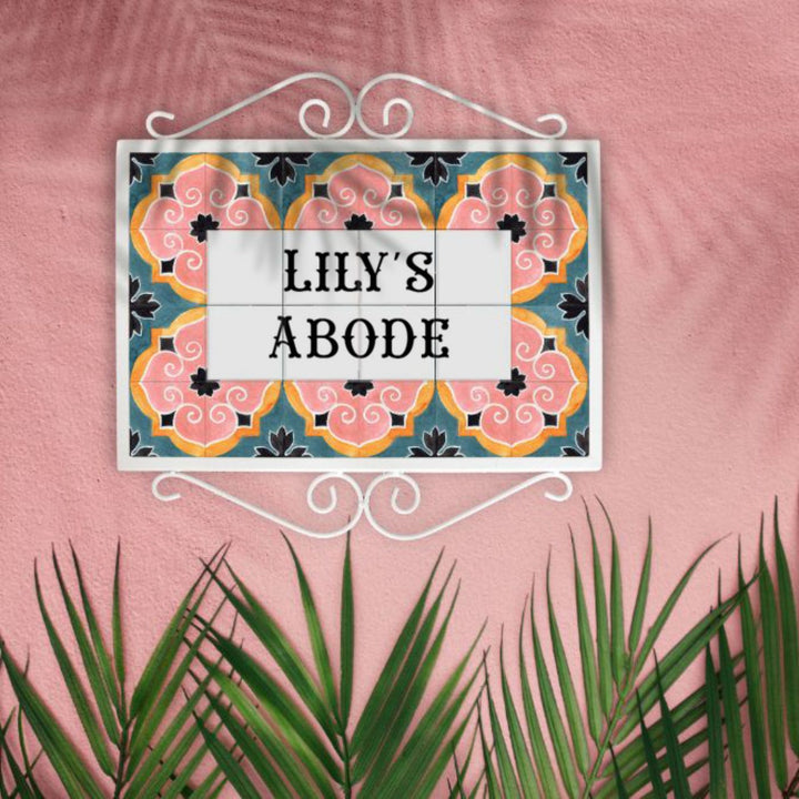Handpainted Metal Frame Mosaic Style Nameplate 3 - Hanging on Pink Wall Background