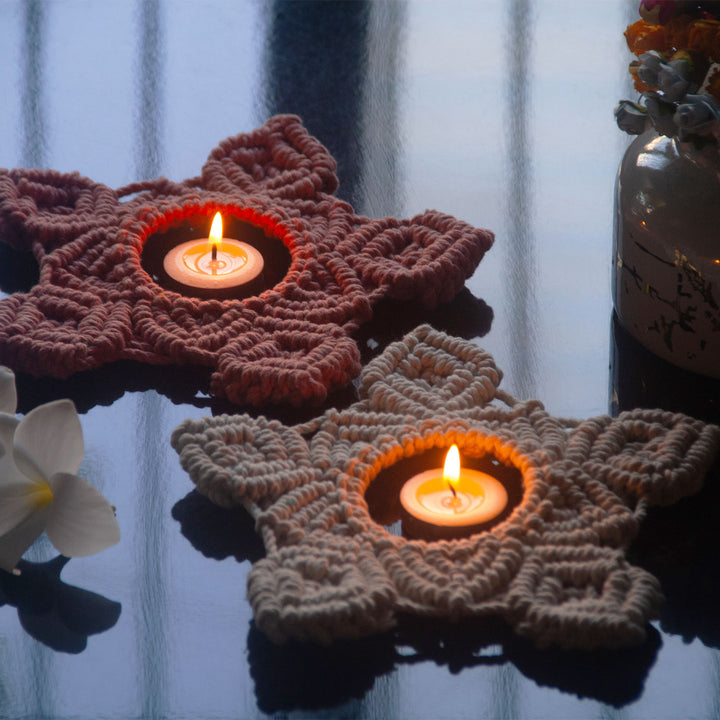 Handcrafted Festive Macrame Tealight Holders - Set of 2