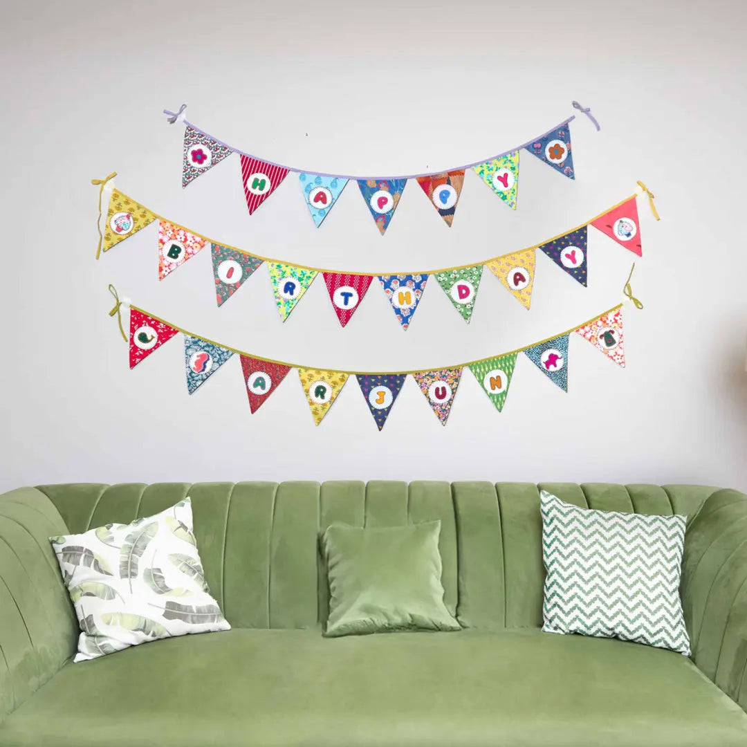 Upcycled Fabric Personalized Birthday Party Buntings I Set of 3