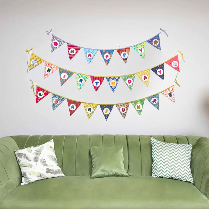 Upcycled Fabric Personalized Birthday Party Buntings I Set of 3