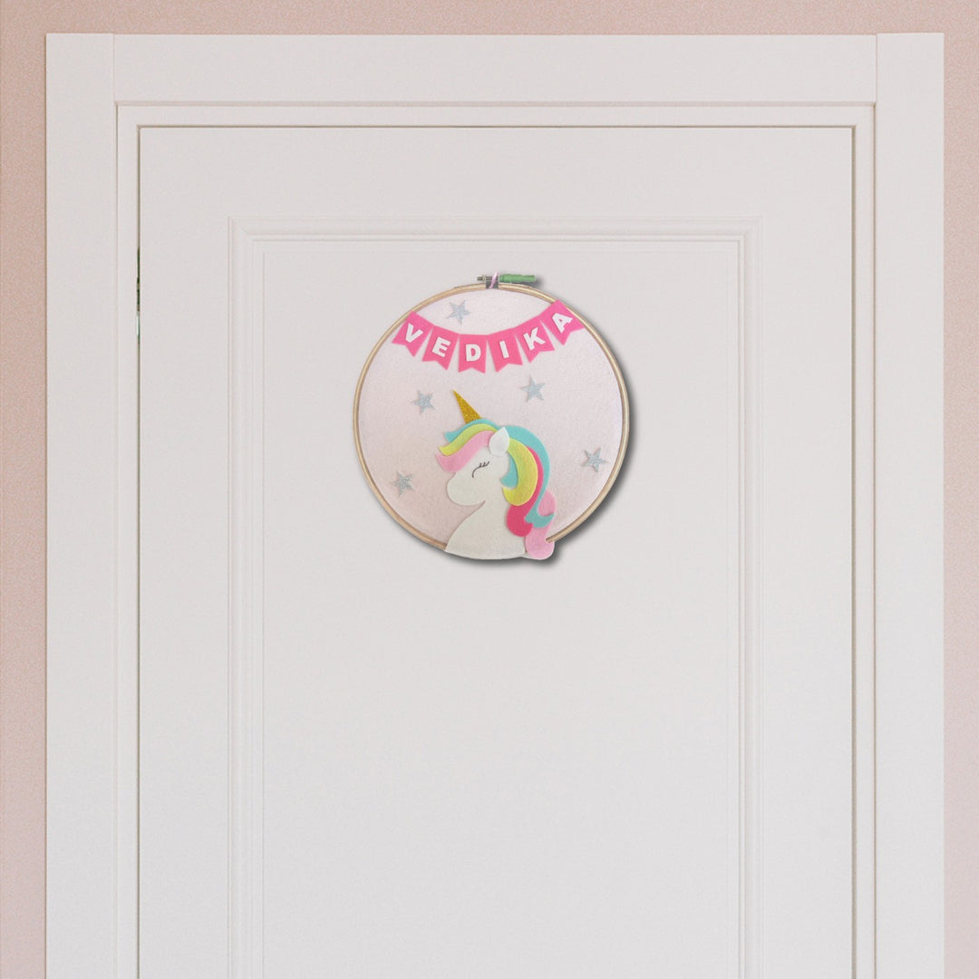 Handcrafted Personalized Unicorn Hoop Nameplate - Hanging on Door Front Center