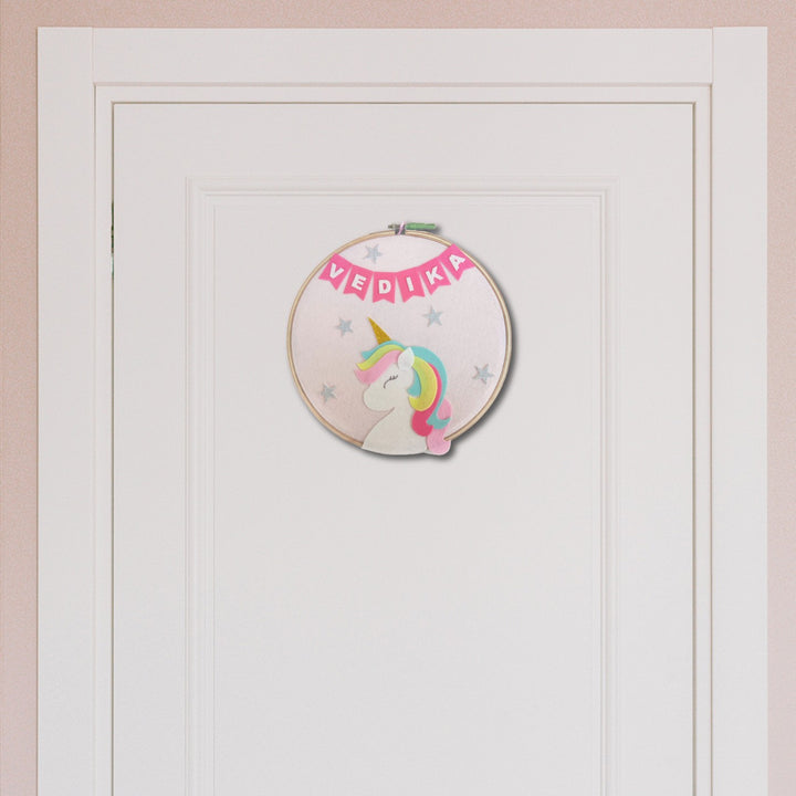 Handcrafted Personalized Unicorn Hoop Nameplate - Hanging on Door Front Center