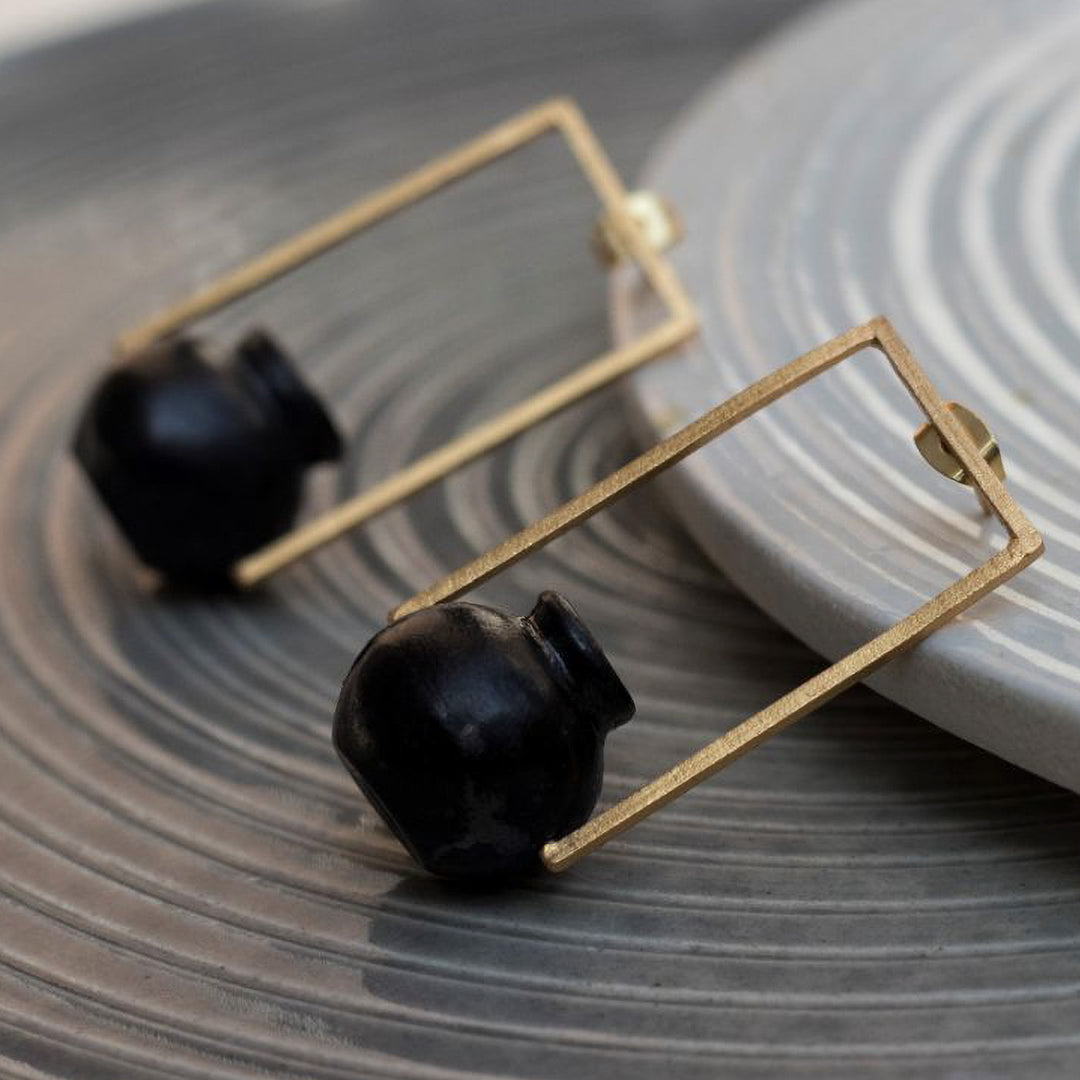 Statement Handmade Rectangle Kalash Brass Earrings | 22K Gold Plated