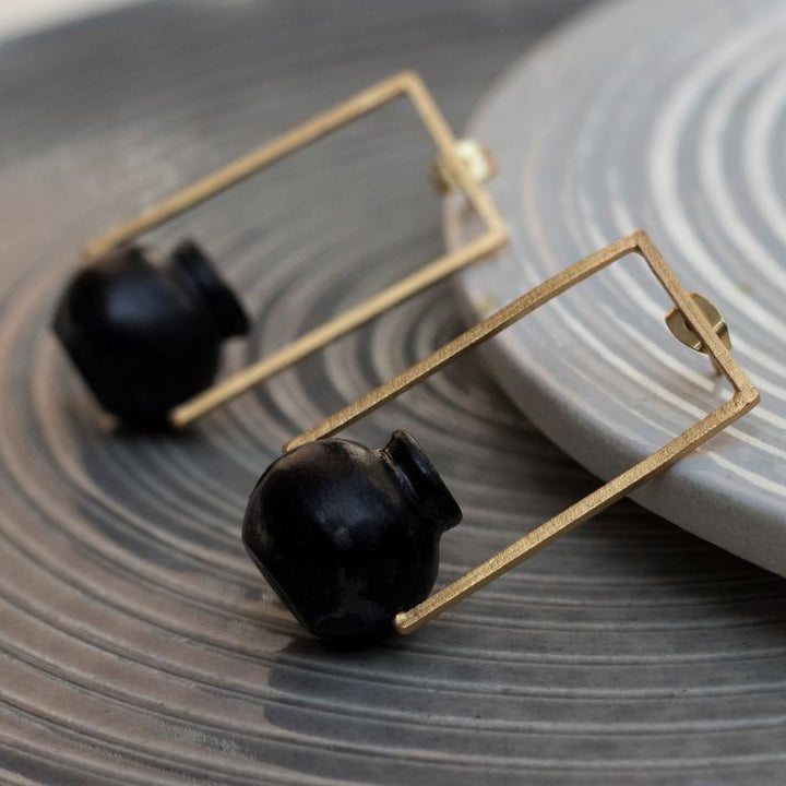 Statement Handmade Rectangle Kalash Brass Earrings | 22K Gold Plated