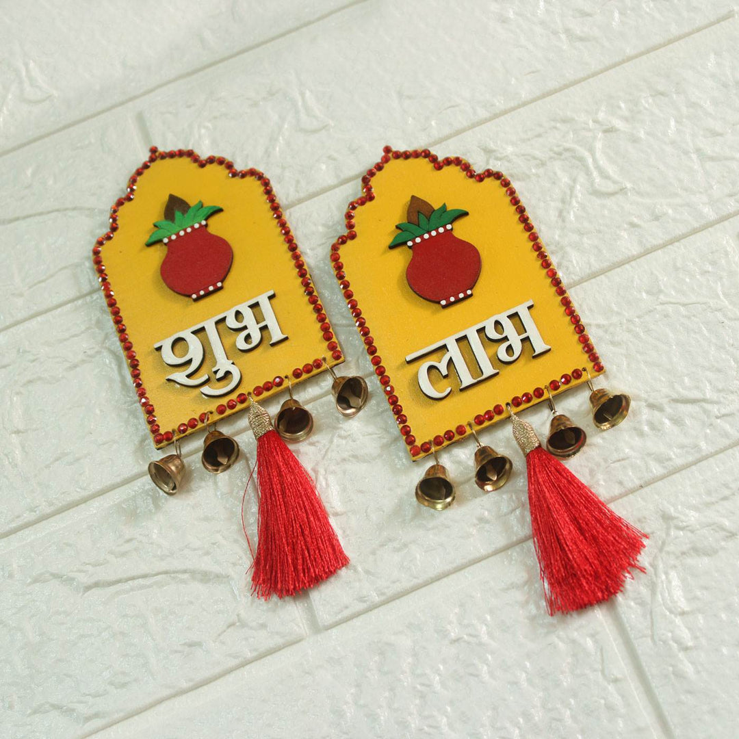 Shubh Labh Jharoka MDF Wall Decor with Bells | Set of 2
