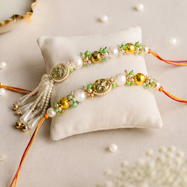 Hand-Knotted Green Beaded Rakhi & Lumba Set For Bhaiya Bhabhi | Set of 2