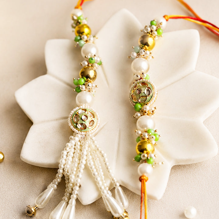 Hand-Knotted Green Beaded Rakhi & Lumba Set For Bhaiya Bhabhi | Set of 2