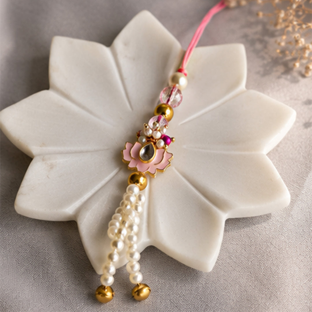 Hand-Knotted Pink Lotus Beaded Rakhi & Lumba Set For Bhaiya Bhabhi | Set of 2