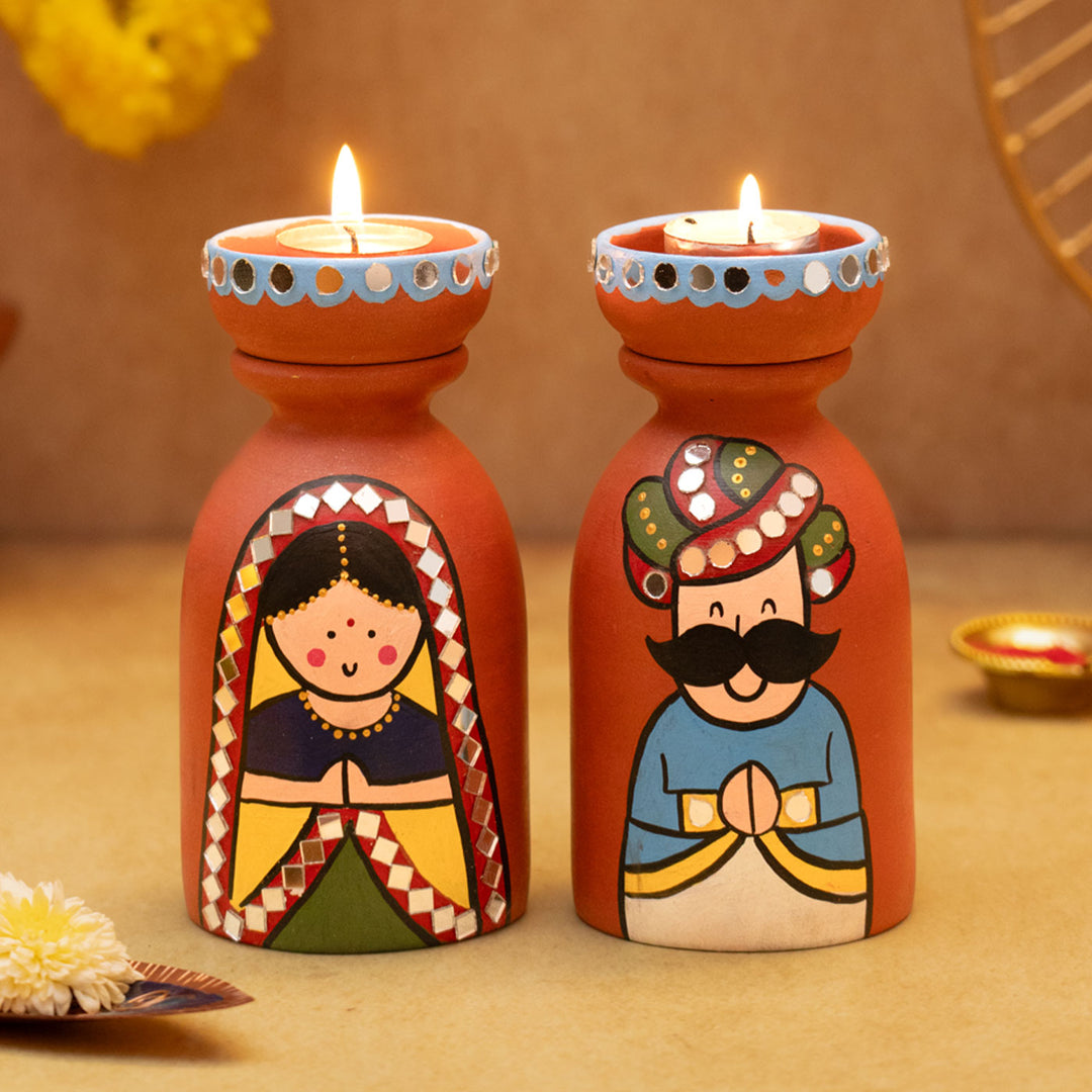 Handpainted Raja-Rani Terracotta Tealight Holders