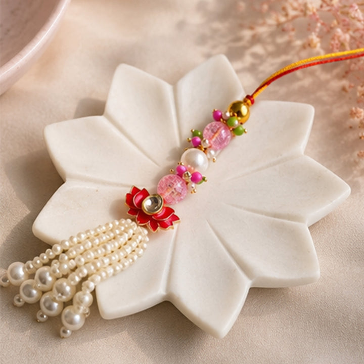 Hand-Knotted Lotus Beaded Rakhi & Lumba Set For Bhaiya Bhabhi | Set of 2
