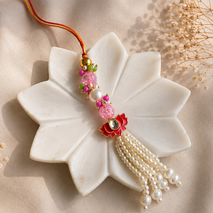 Hand-Knotted Pink Lotus Beaded Pearl Lumba With Roli Chawal For Bhabhi