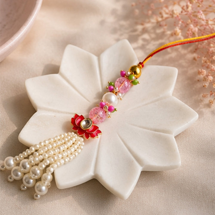 Hand-Knotted Pink Lotus Beaded Pearl Lumba With Roli Chawal For Bhabhi