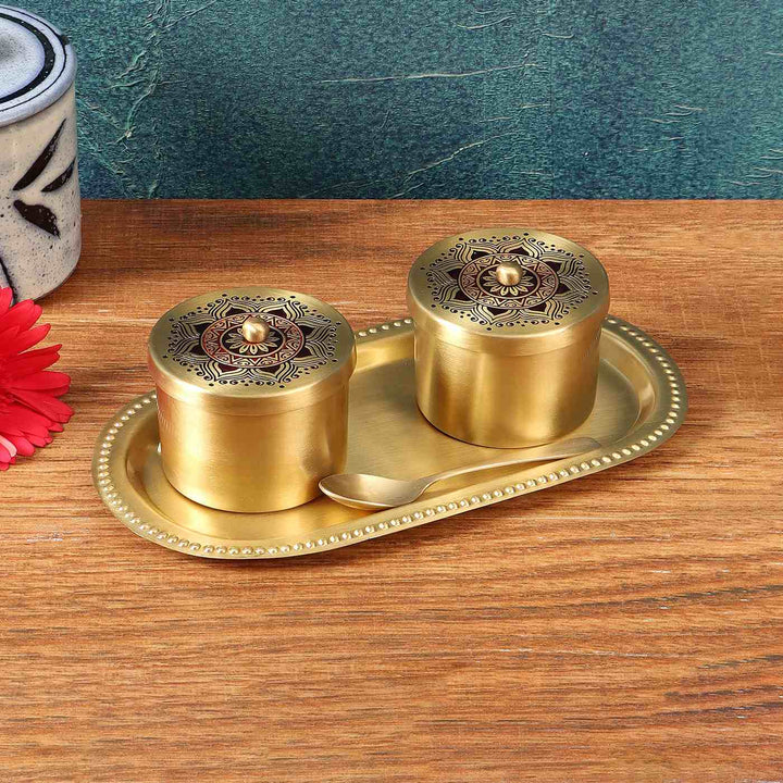 Utsav Handcrafted Brass Condiment Jars with Tray & Spoon