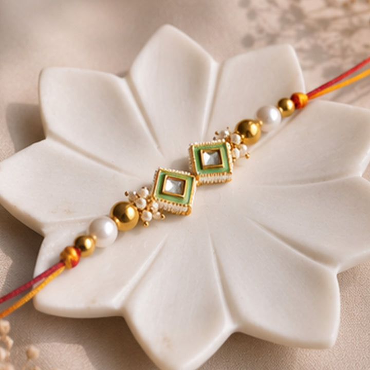 Hand-Knotted Lotus Beaded Rakhi & Lumba Set For Bhaiya Bhabhi | Set of 2
