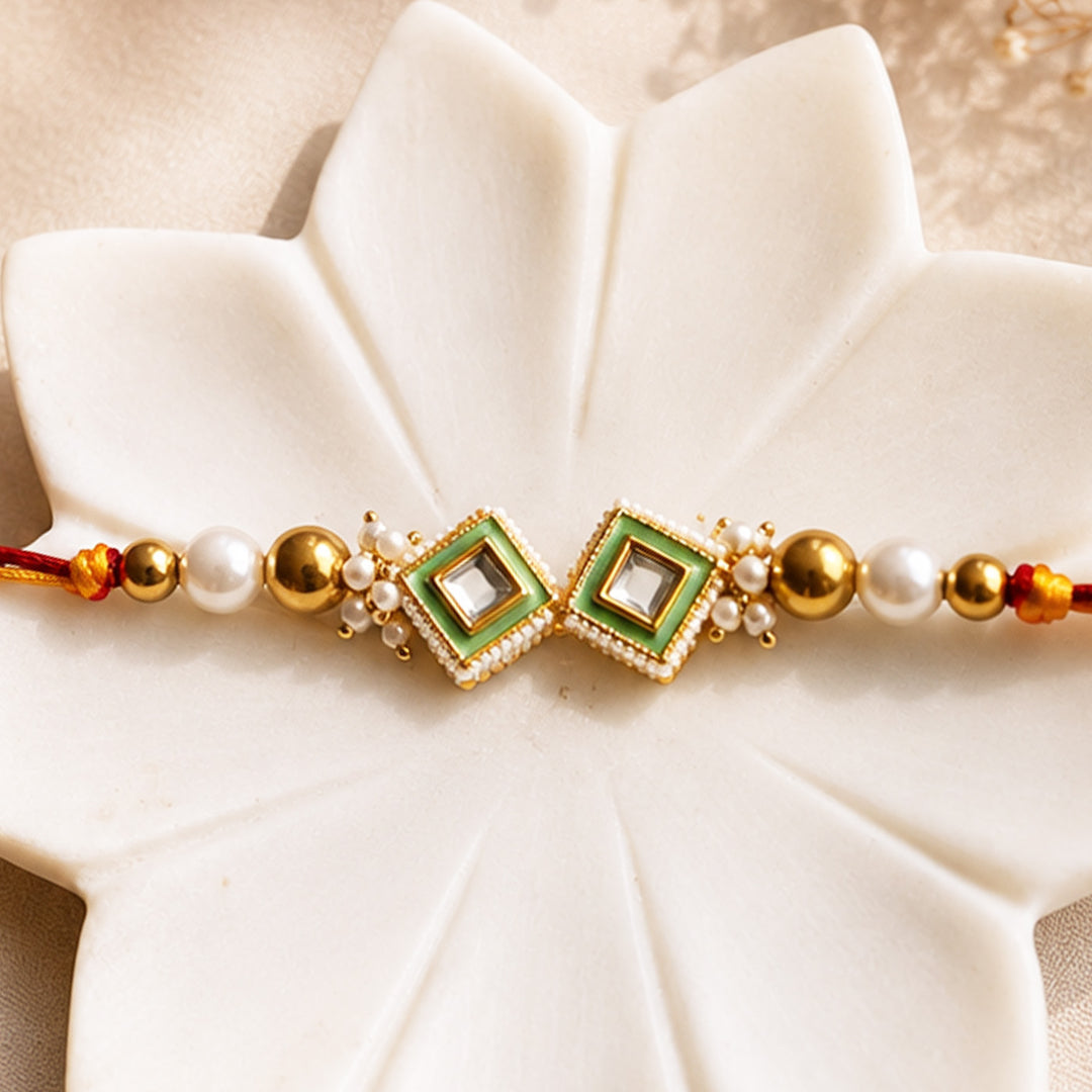 Hand-Knotted Green Beaded Rakhi With Roli Chawal For Brother