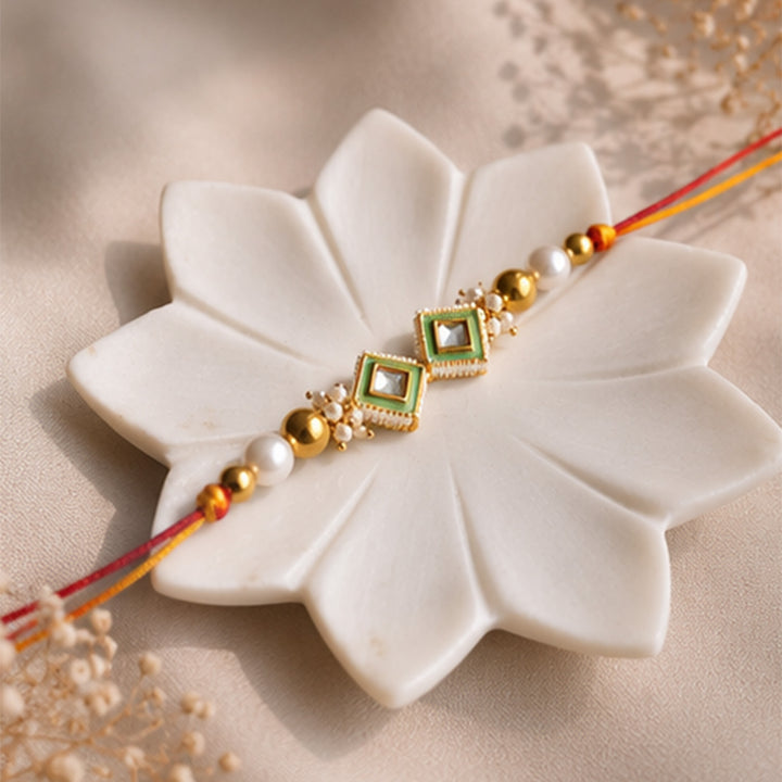 Hand-Knotted Green Beaded Rakhi With Roli Chawal For Brother