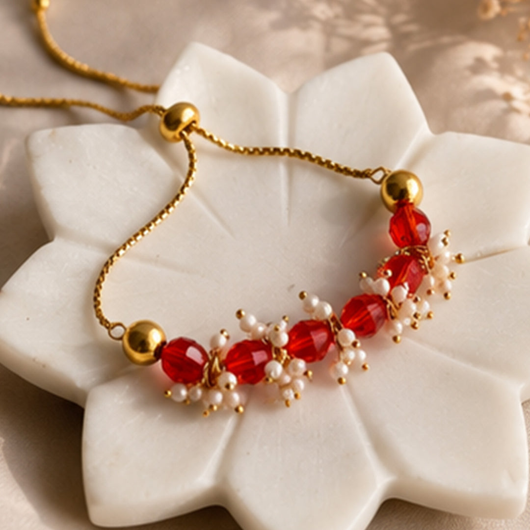 Hand-Knotted Red Beaded Rakhi & Lumba Set For Bhaiya Bhabhi | Set of 2