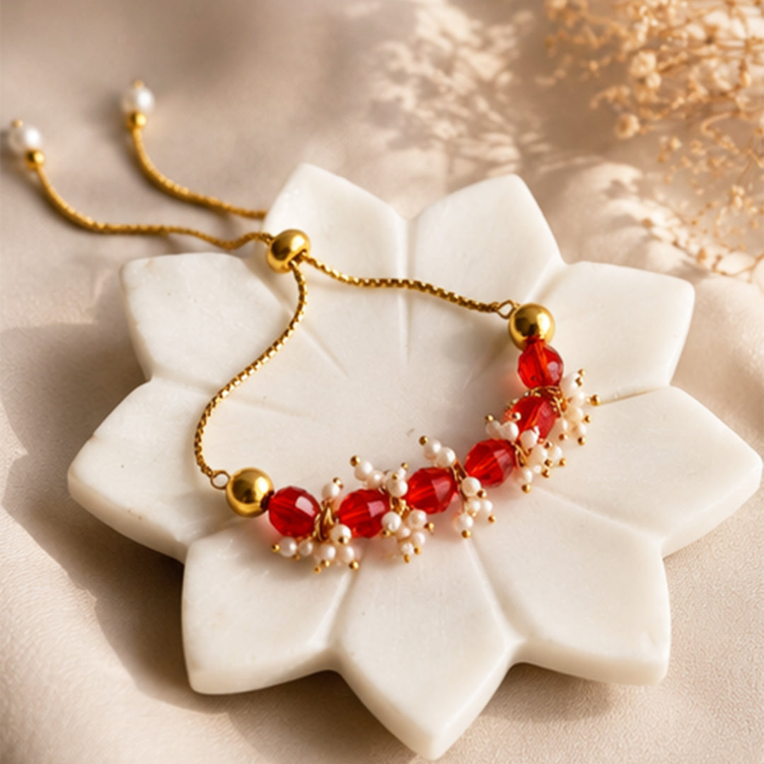 Hand-Knotted Red Beaded Lumba With Roli Chawal For Bhabhi